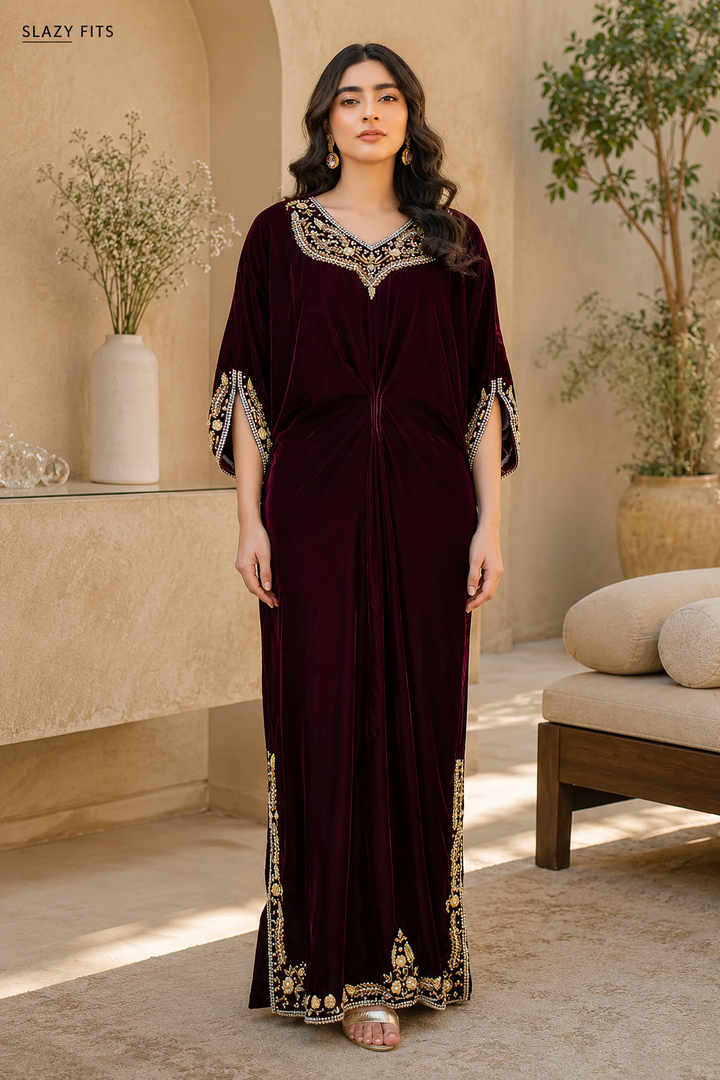 Afia Burgundy Velvet Kaftan