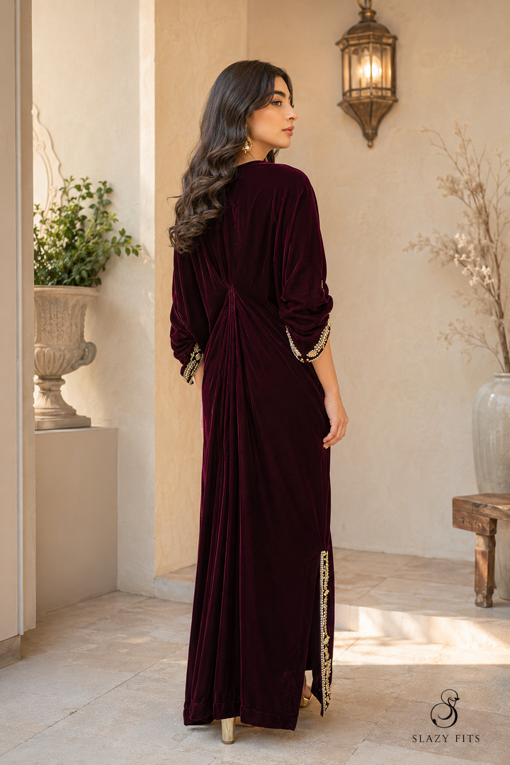 Afia Burgundy Velvet Kaftan