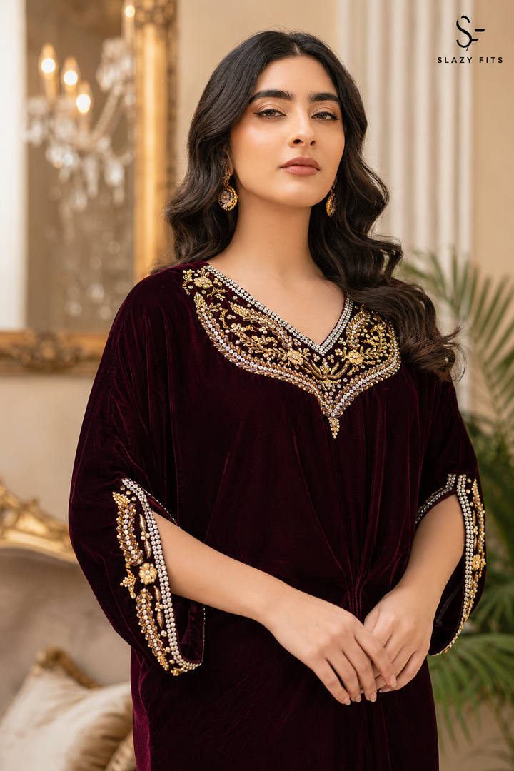 Afia Burgundy Velvet Kaftan