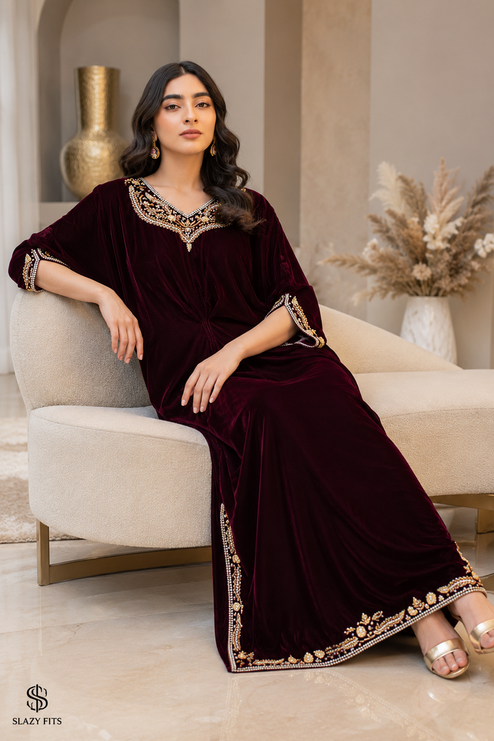 Afia Burgundy Velvet Kaftan