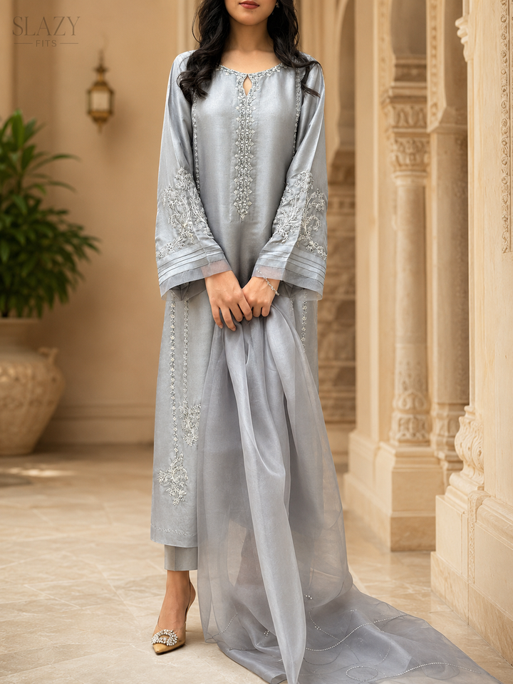 Silver Zi Dupatta Set