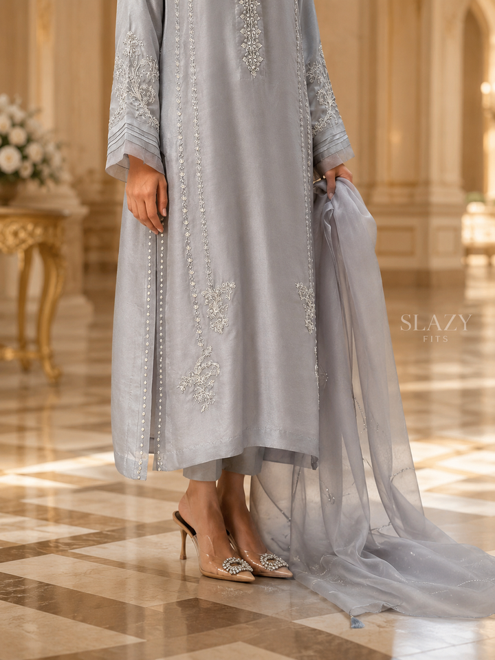 Silver Zi Dupatta Set